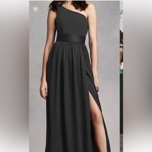 Vera Wang white label black size 0 one shoulder gown with slit and satin belt.